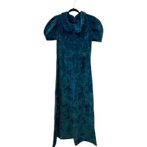 Midi Dress Aqua Womens‎ Velvet Puff Sleeve Collared Sunday Cinderella A Line